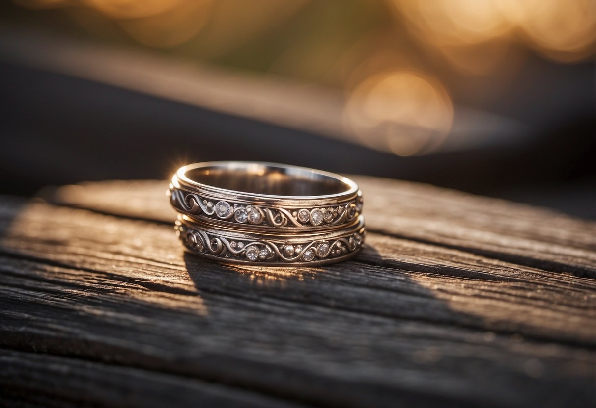 Two worn wedding rings resting on a weathered wooden surface, surrounded by soft candlelight and delicate lace