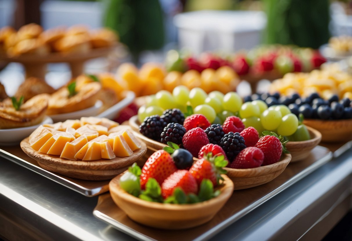 A buffet table filled with colorful and appetizing finger foods, fruit platters, and mini desserts. Decorative signage indicates the budget-friendly options for wedding guests to enjoy