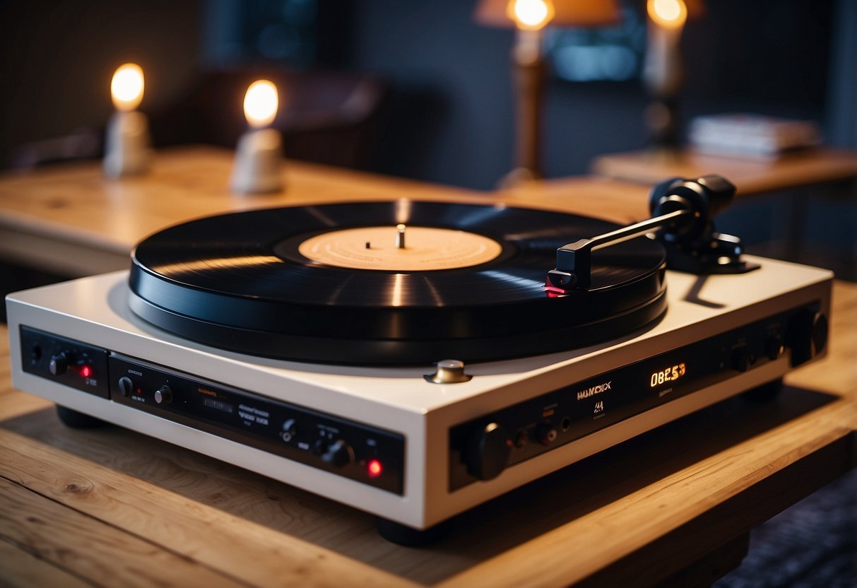 A Bluetooth record player sits on a wooden table surrounded by vintage vinyl records. Soft candlelight illuminates the room, creating a warm and romantic atmosphere for a wedding anniversary celebration