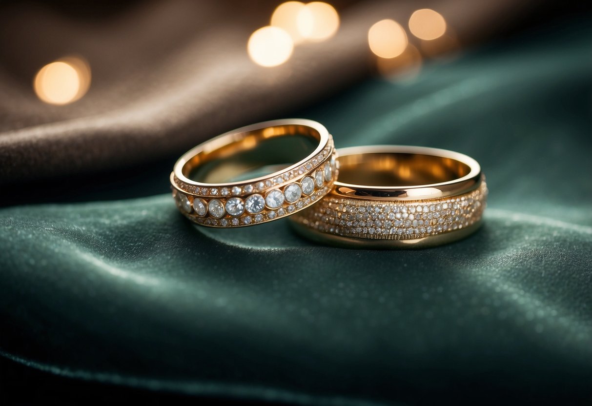 Old wedding rings transformed into a necklace, displayed on a velvet cushion with soft lighting