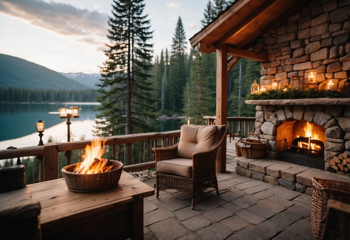 A cozy cabin nestled in the mountains, surrounded by tall pine trees and a glistening lake. A crackling fire burns in the stone fireplace, casting a warm glow on the rustic furniture. A basket of fresh berries and a bottle of champagne await on