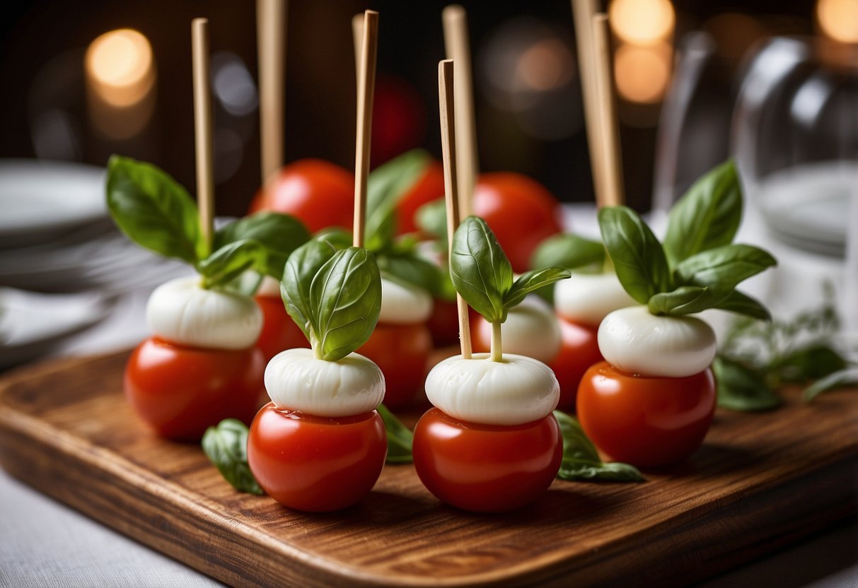 Mini Caprese skewers arranged on a rustic wooden platter with fresh basil leaves and cherry tomatoes, set against a backdrop of elegant table settings at a wedding reception