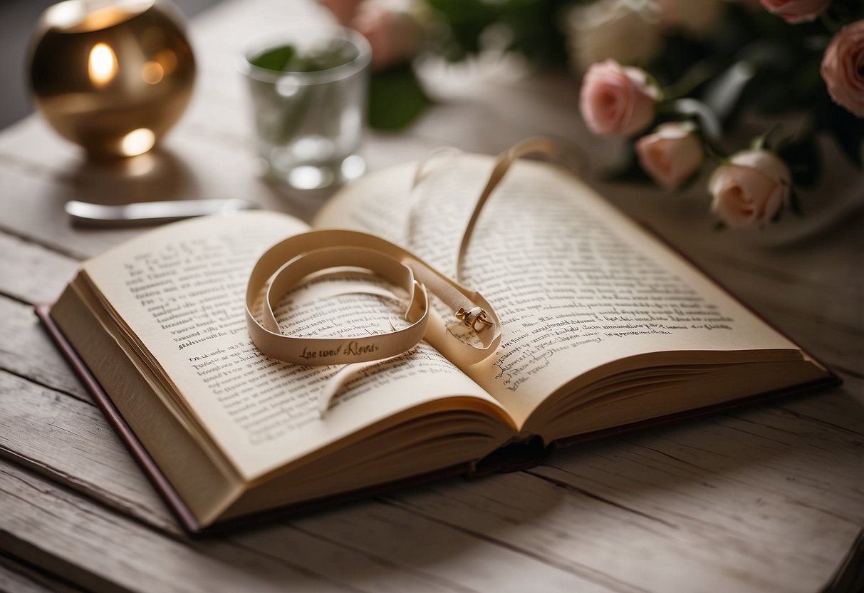 A book of handwritten love letters sits on a table, surrounded by wedding anniversary gift ideas for a husband