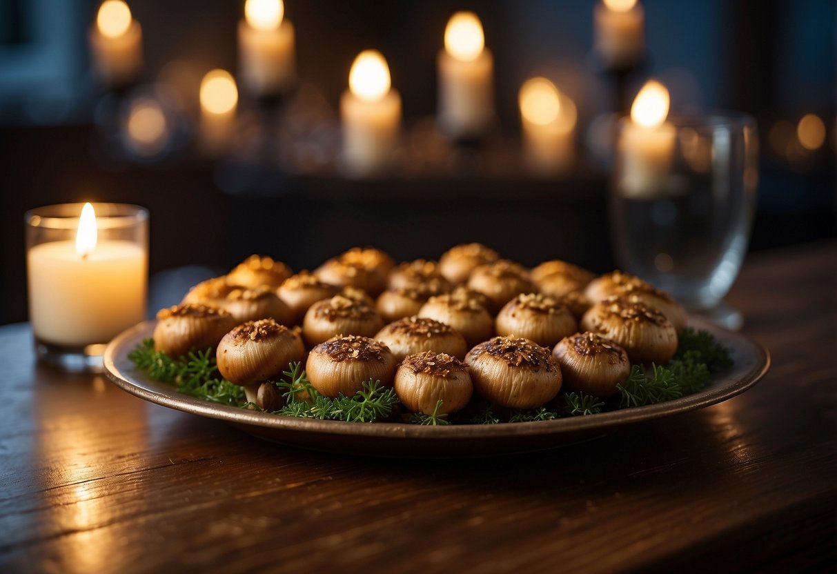 A platter of golden-brown stuffed mushrooms sits on a rustic wooden table, surrounded by flickering candlelight and delicate floral centerpieces