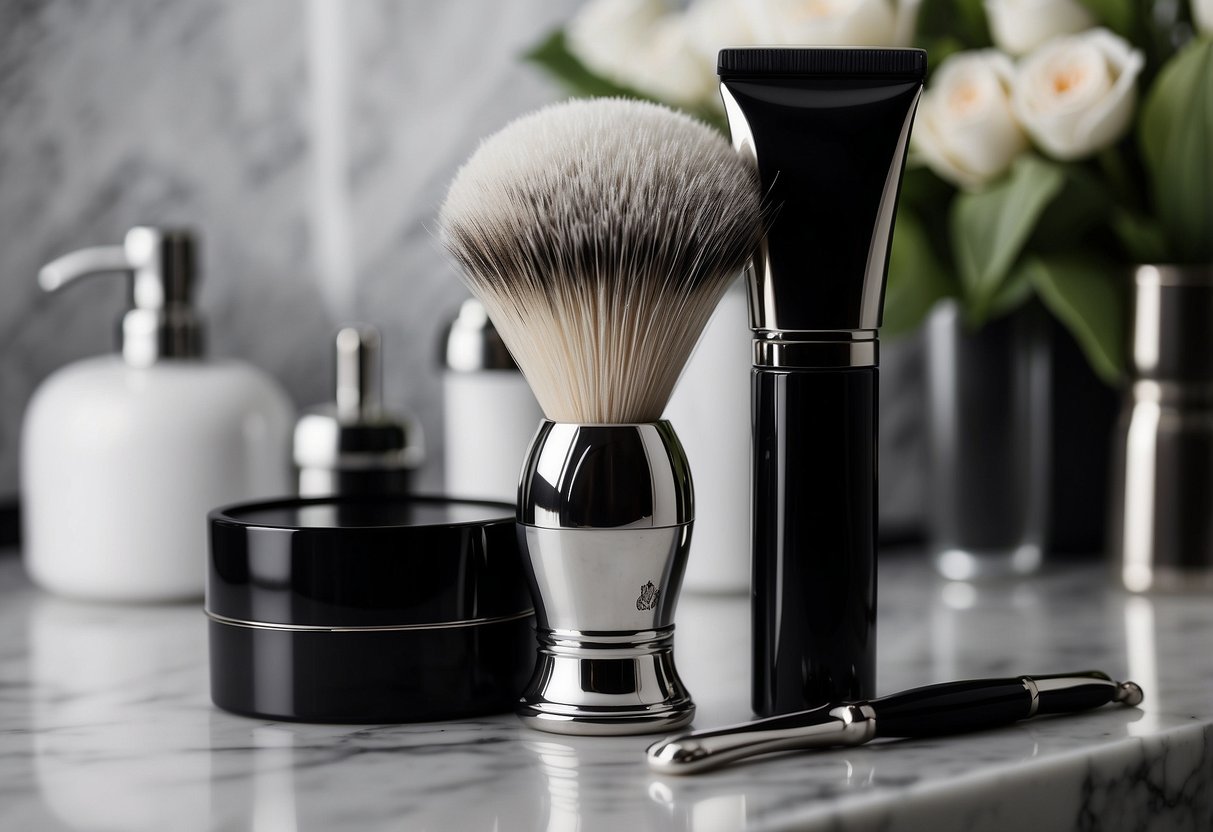 A sleek black and silver luxury shaving kit sits on a marble countertop, surrounded by soft lighting and a bouquet of fresh flowers