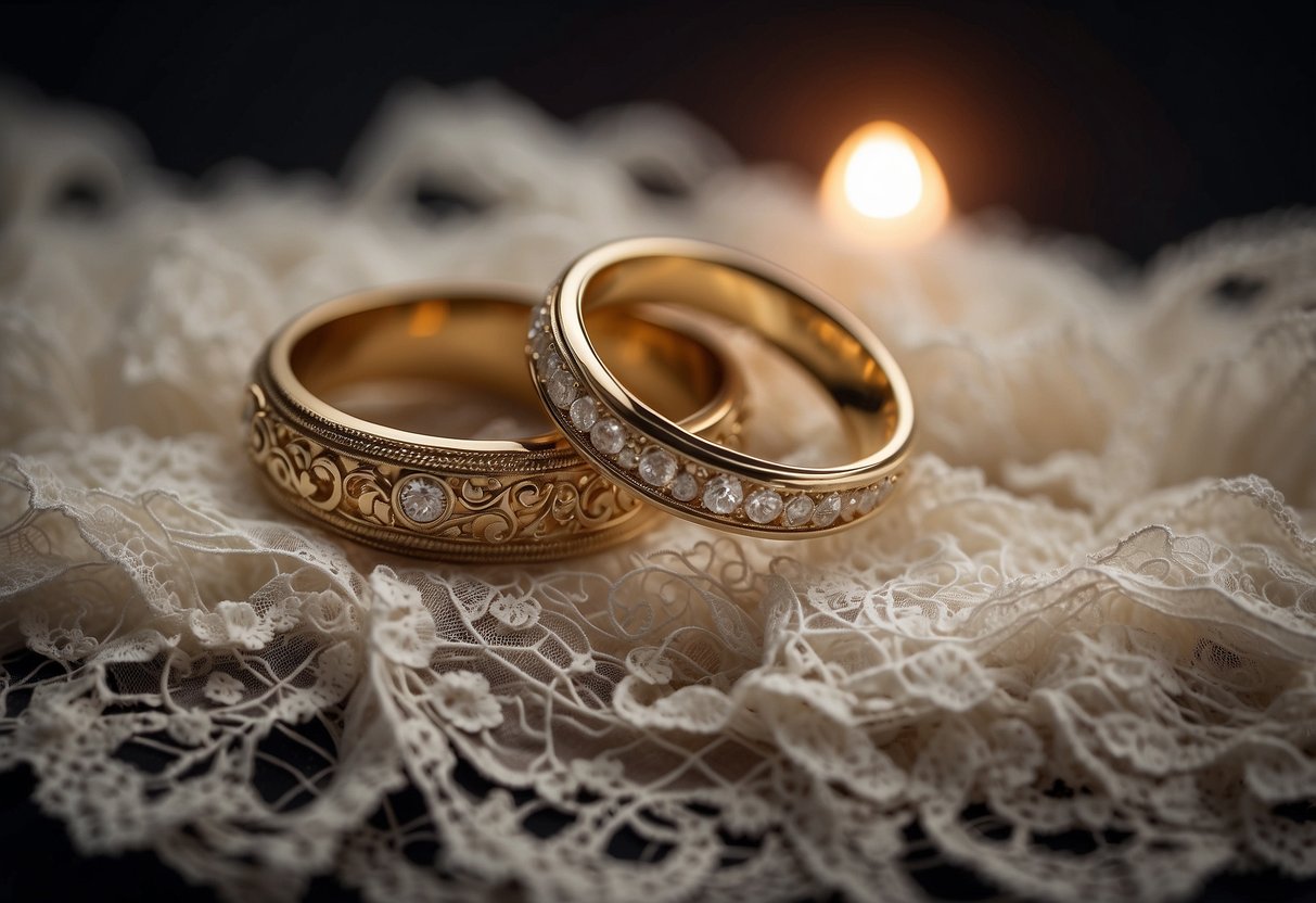 Two old wedding rings resting on a bed of delicate lace, surrounded by soft candlelight and a vintage photo frame