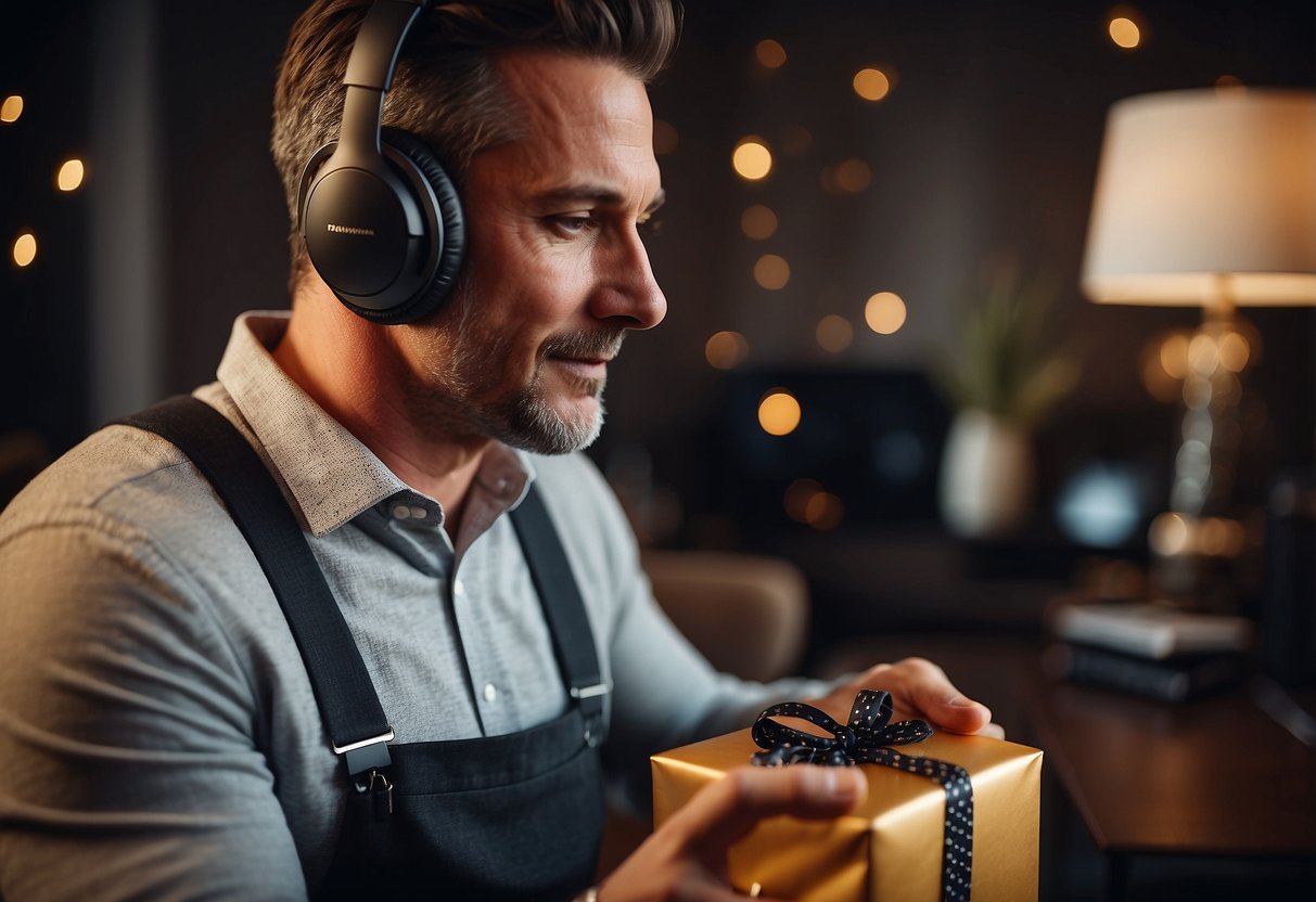 A man opens a gift box revealing high-quality headphones, a thoughtful wedding anniversary gift from his wife