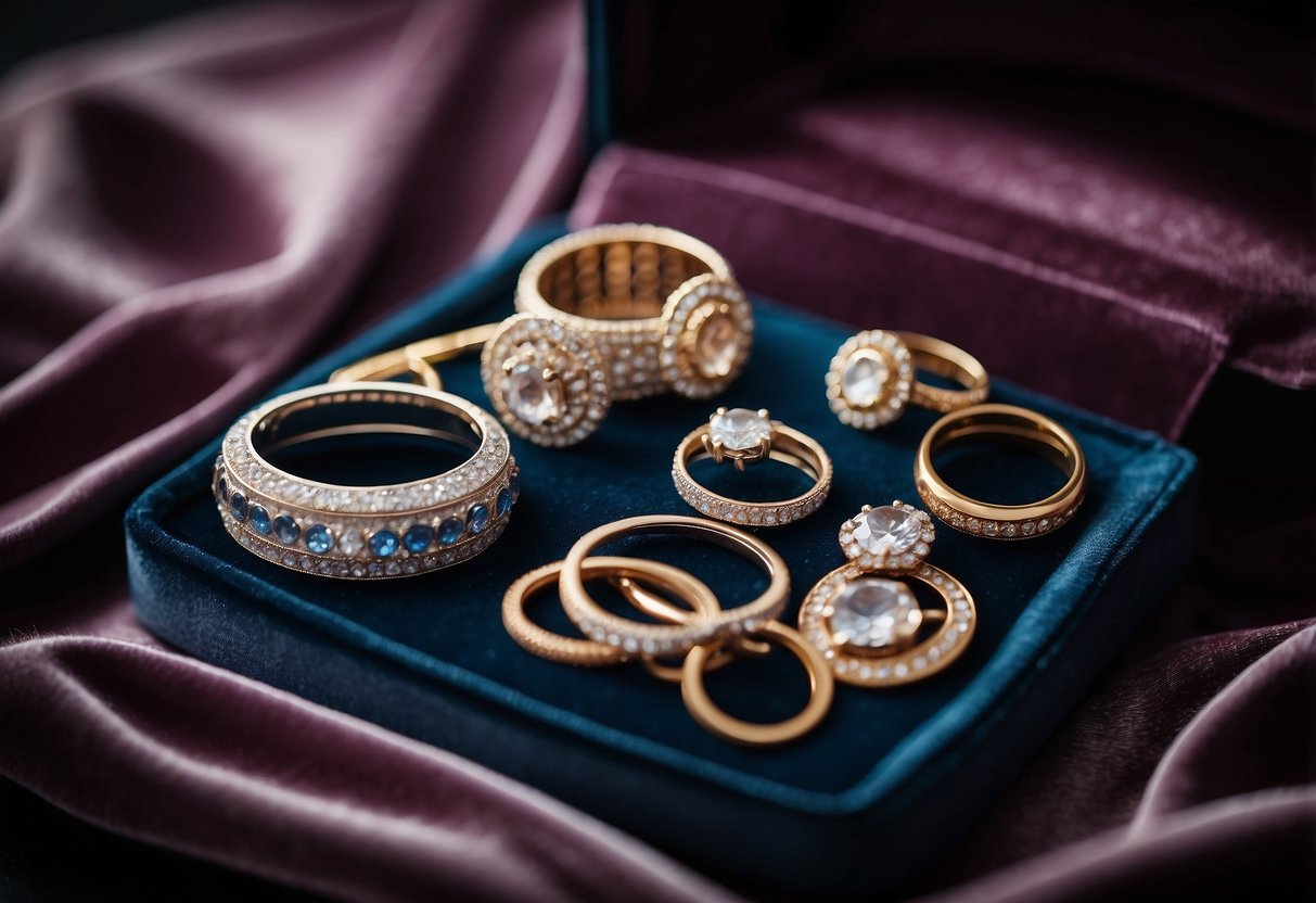 Old wedding rings transformed into brooches, displayed on a velvet cushion with jewelry tools nearby