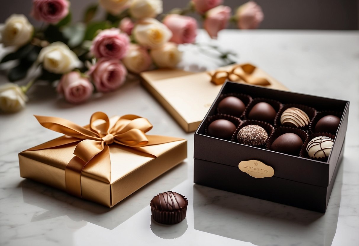 A luxurious chocolate box sits on a white table, adorned with a ribbon and a small card. The box is filled with an assortment of decadent chocolates, perfect for a wedding anniversary gift for a husband