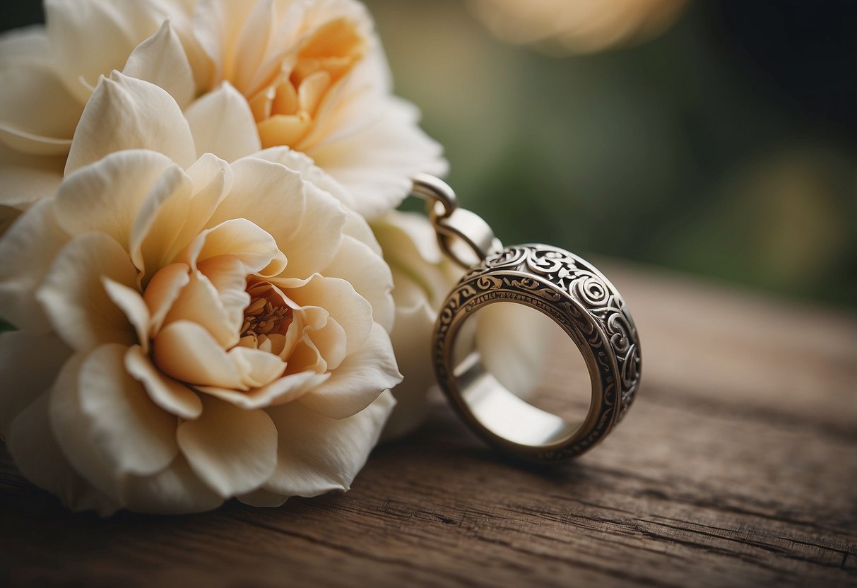 Old wedding rings hanging from a vintage keychain, surrounded by delicate floral accents and a personalized engraving