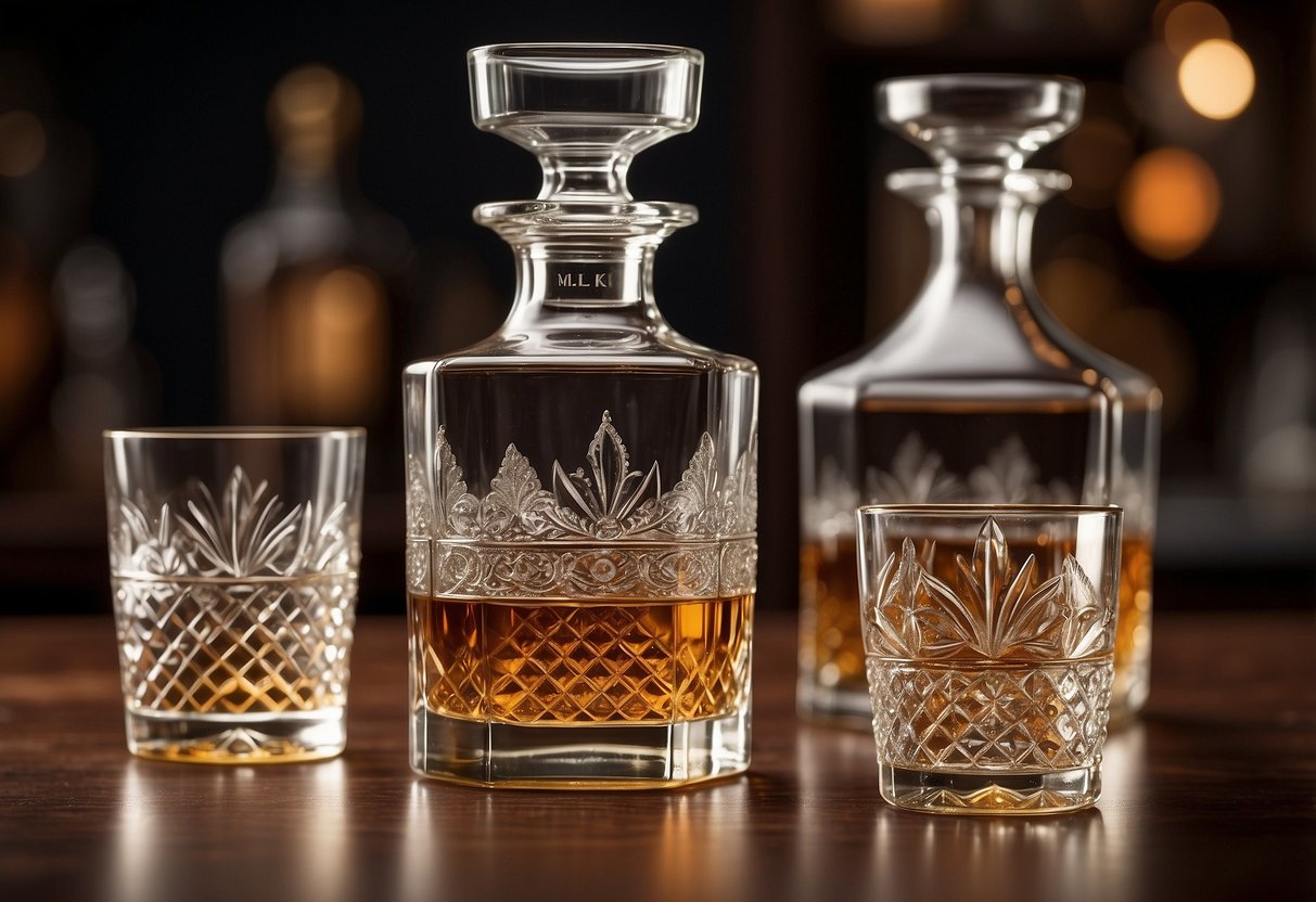 A whiskey decanter set sits on a polished wooden table, engraved with intricate designs. Two crystal glasses accompany the decanter, creating an elegant and sophisticated scene