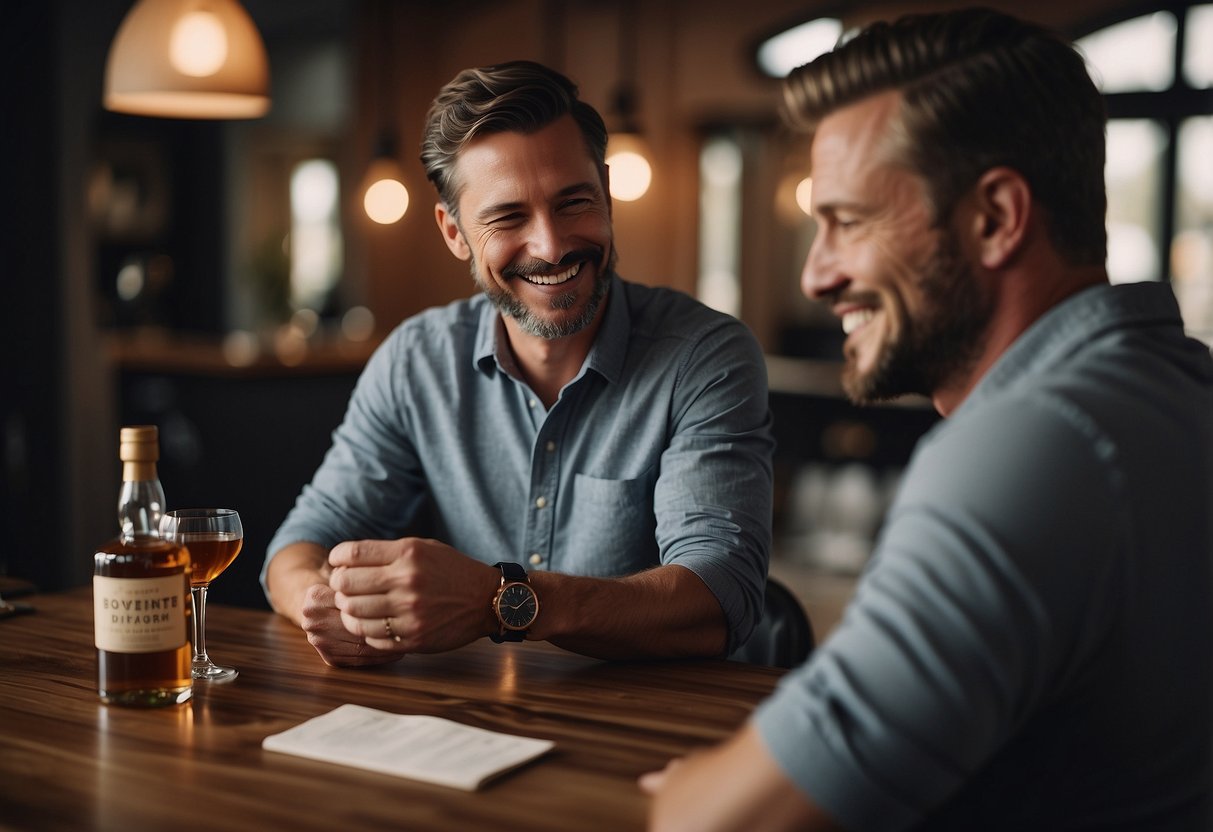 A husband smiling while receiving a personalized watch, a bottle of his favorite whiskey, and a handwritten love letter from his wife