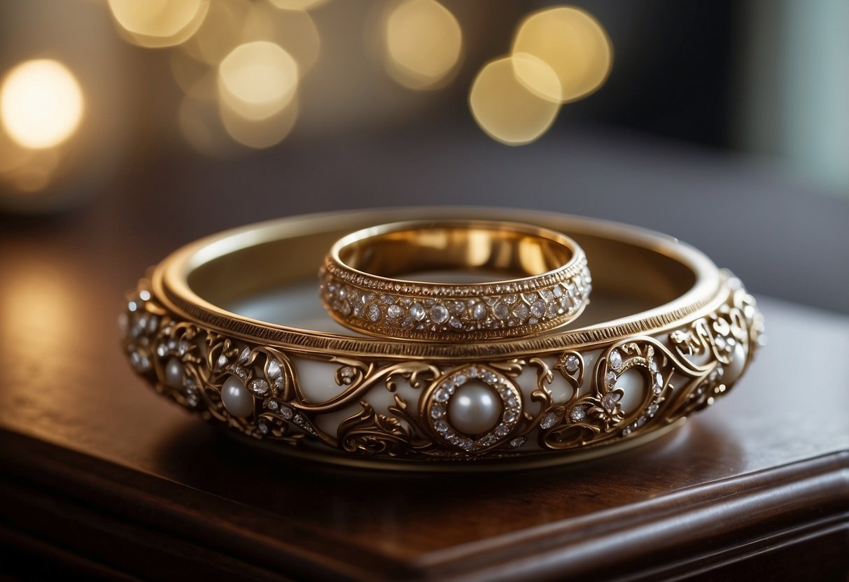 A small, ornate dish on a dresser with a cushioned slot for old wedding rings