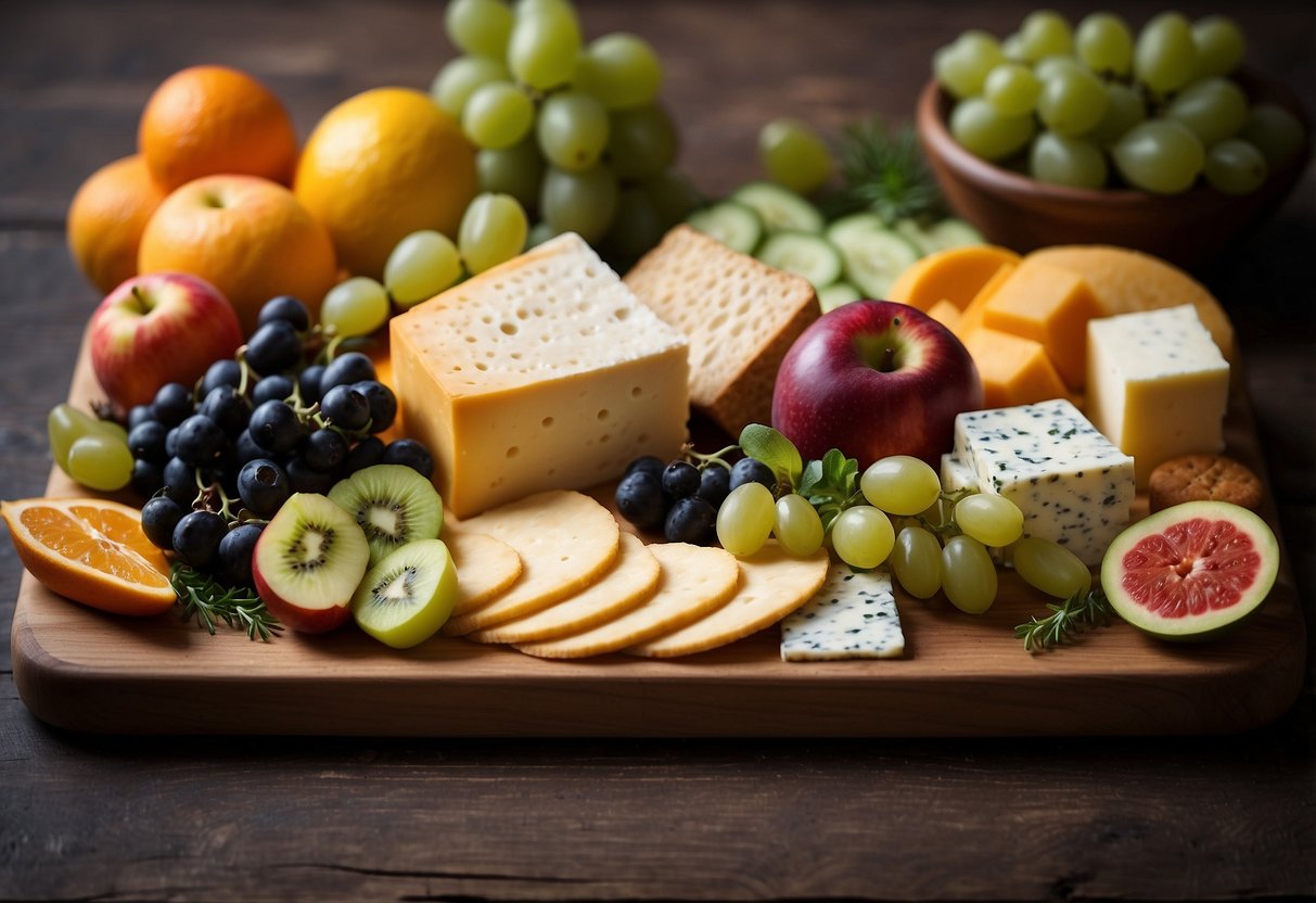 A colorful array of fruits and cheeses arranged on a wooden platter, surrounded by crackers and garnished with fresh herbs