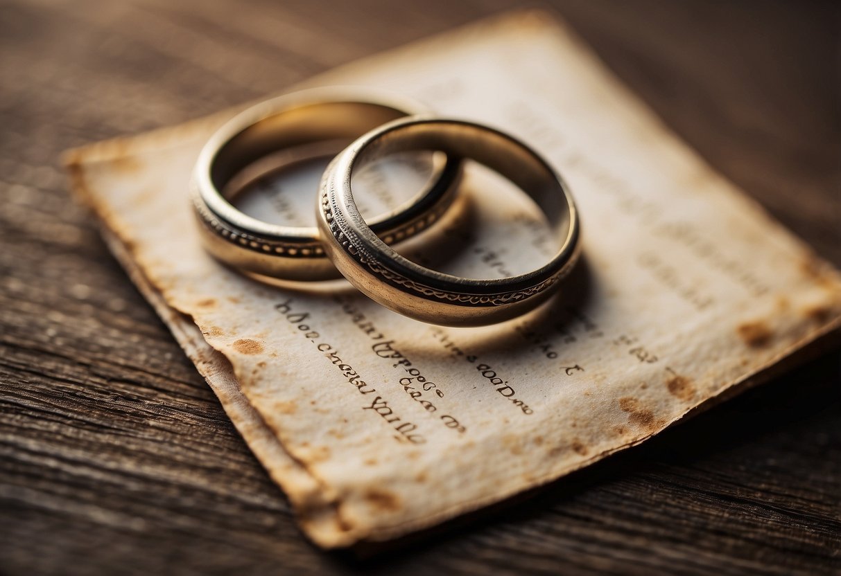 Two weathered wedding rings lay atop a vintage love letter, symbolizing enduring commitment and the passage of time