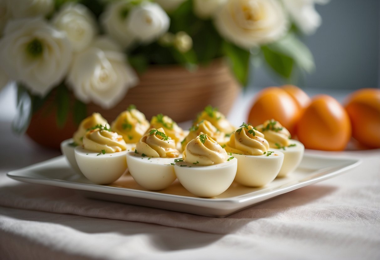 A platter of deviled eggs sits on a simple, white tablecloth, surrounded by delicate floral arrangements. The eggs are garnished with paprika and fresh herbs, creating an elegant and budget-friendly wedding reception display