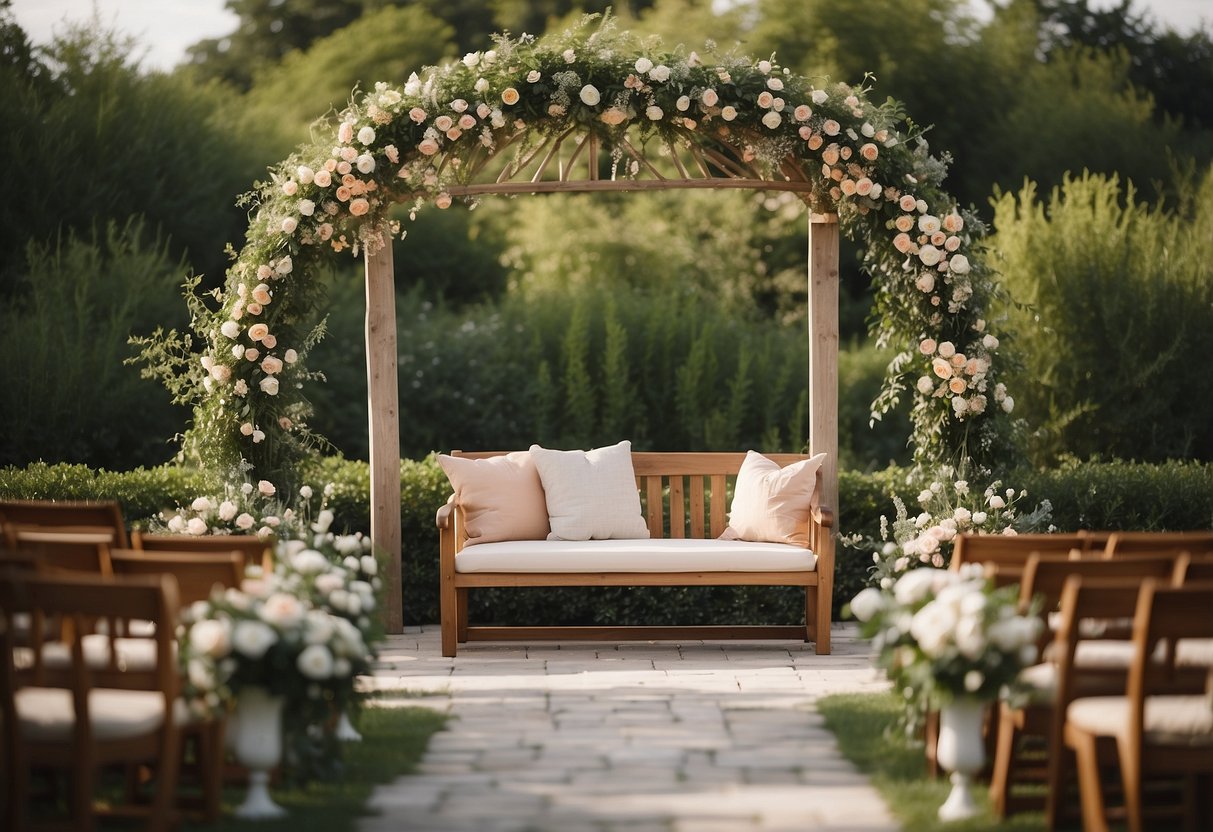 An outdoor garden setting with elegant floral arrangements, a rustic wooden arch, and intimate seating for an older couple's wedding ceremony