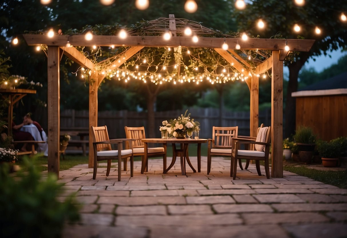 A cozy backyard set with string lights, a small gazebo, and rustic wooden chairs arranged in a circle for an intimate wedding ceremony for older couples