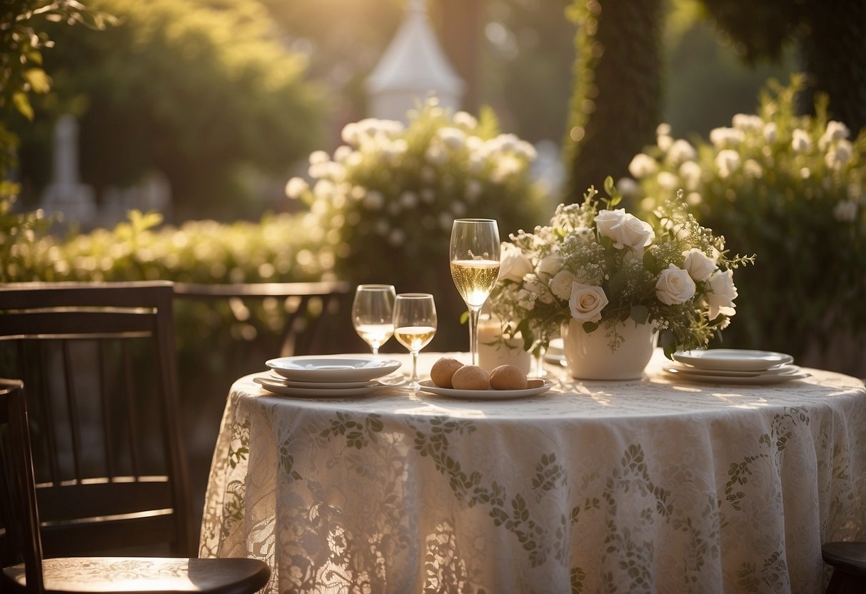 An outdoor garden setting with a gazebo adorned with flowers and greenery. A vintage-inspired table with a lace tablecloth and champagne glasses. A gentle breeze and warm sunlight create a romantic ambiance