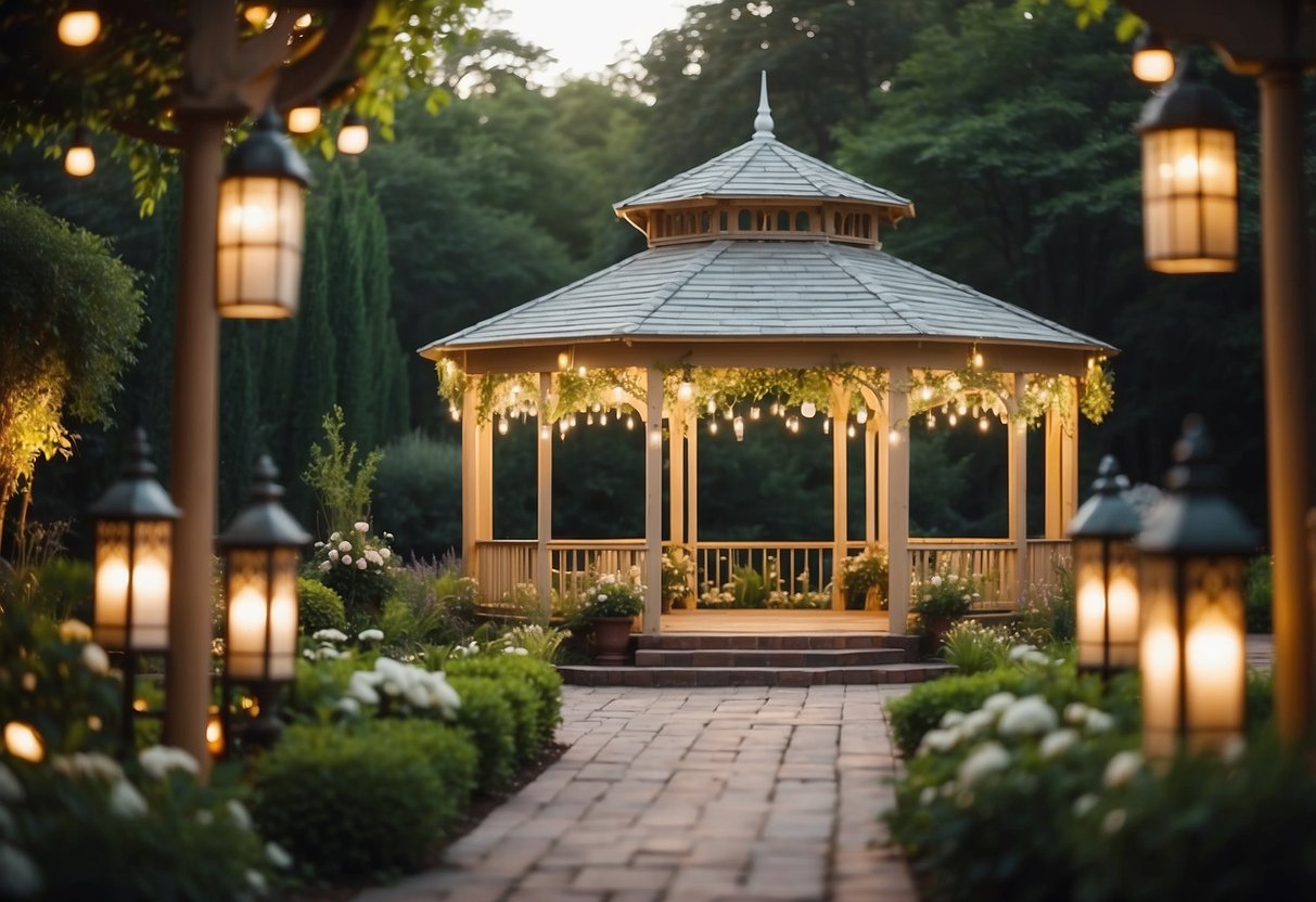 A serene garden with a grand gazebo, surrounded by lush flowers and greenery. Soft string lights hang overhead, casting a warm glow over the elegant reception setup