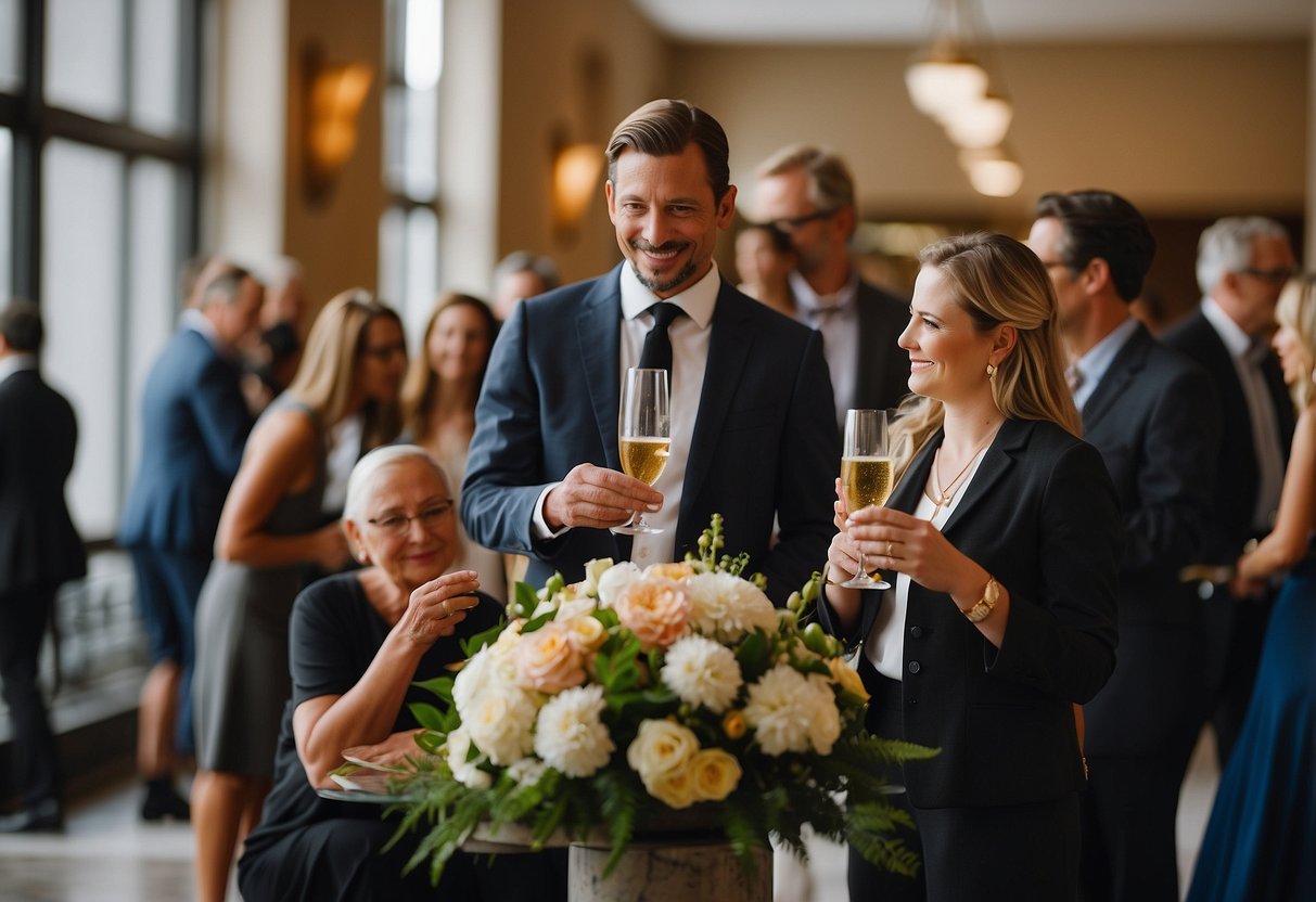 Guests mingle in a courthouse lobby, sipping champagne and nibbling on hors d'oeuvres. A small table displays a guest book and a simple floral arrangement