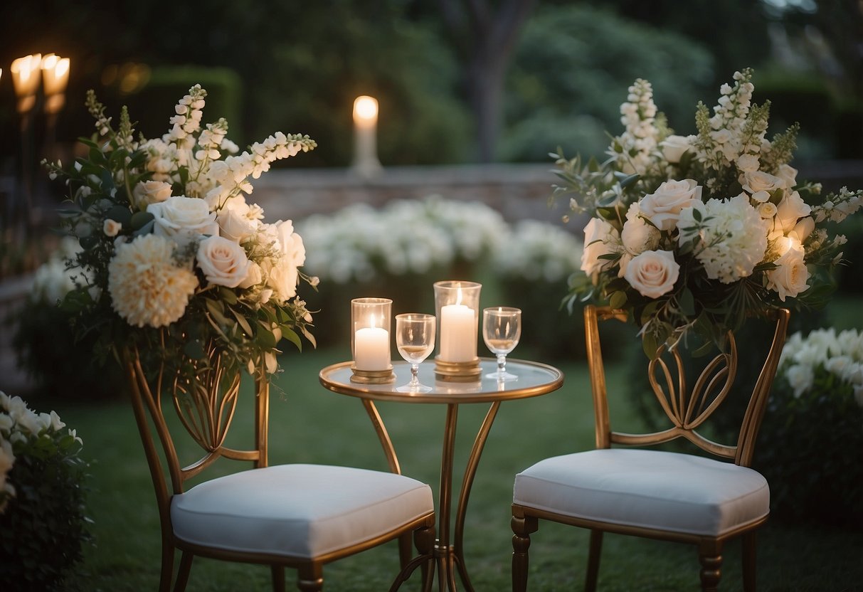 A serene garden setting with two chairs facing each other, adorned with elegant floral arrangements and soft candlelight, creating a romantic ambiance for an intimate vow exchange