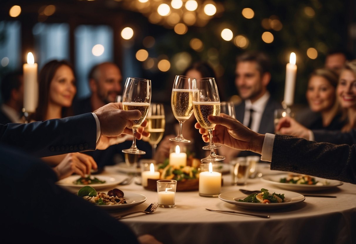 Guests raise glasses in a cozy bistro, celebrating a courthouse wedding with a champagne toast. Warm lighting and intimate setting create a joyful atmosphere