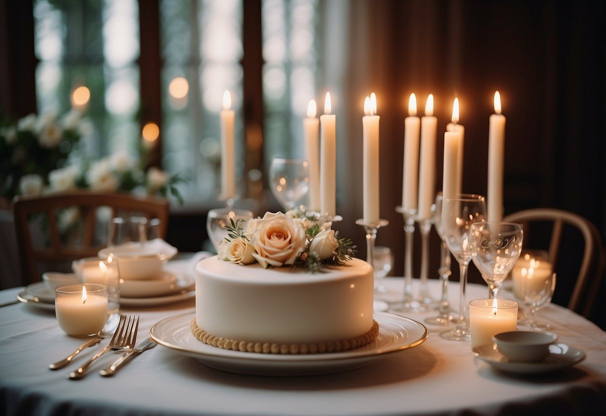 A table set with elegant dinnerware, a bouquet of flowers, and a cake with "25th Anniversary" written on it. Candles and soft lighting create a romantic atmosphere