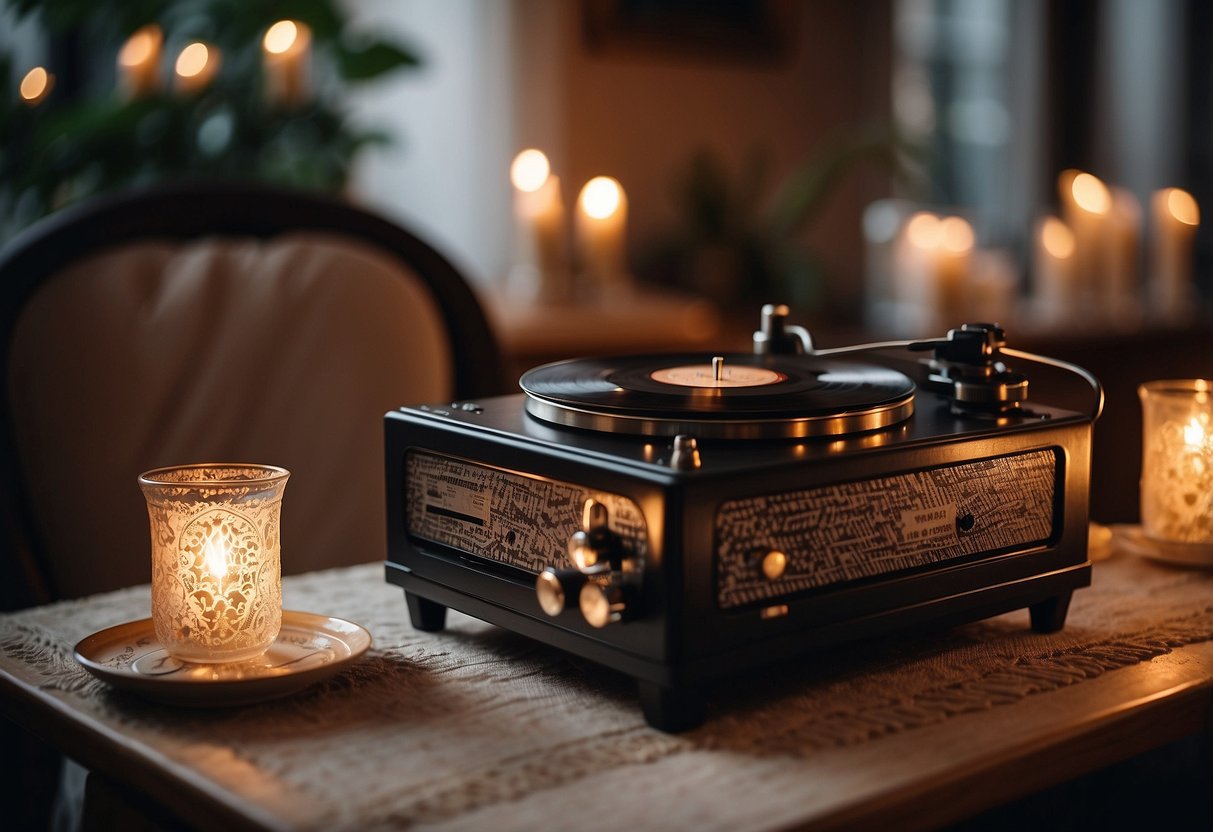 A cozy, intimate setting with lace tablecloths, antique tea sets, and soft candlelight. A vintage record player plays romantic tunes as guests mingle