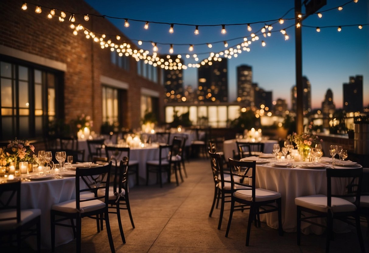 A rooftop cocktail party with string lights, high-top tables, and a skyline backdrop for a post-courthouse wedding celebration