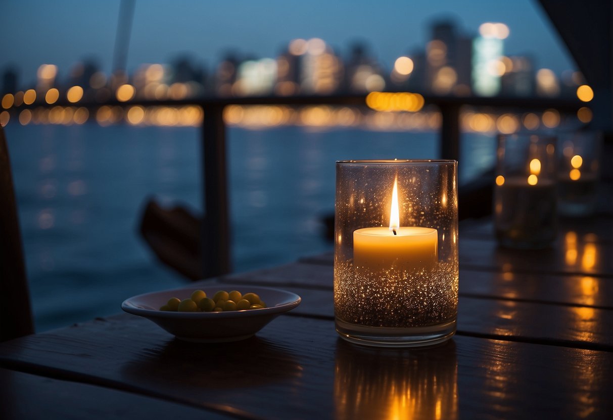 A candlelit table on a boat deck, surrounded by calm waters and twinkling city lights in the distance