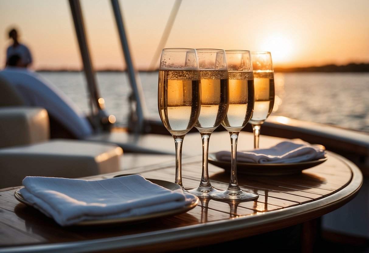 A luxurious yacht deck adorned with elegant decor, champagne flutes, and a stunning sunset backdrop for a post-courthouse wedding reception