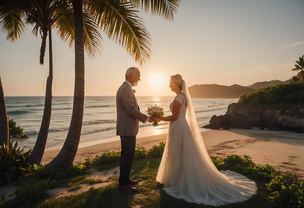 An older couple exchanging vows on a secluded beach at sunset, surrounded by lush greenery and the sound of crashing waves