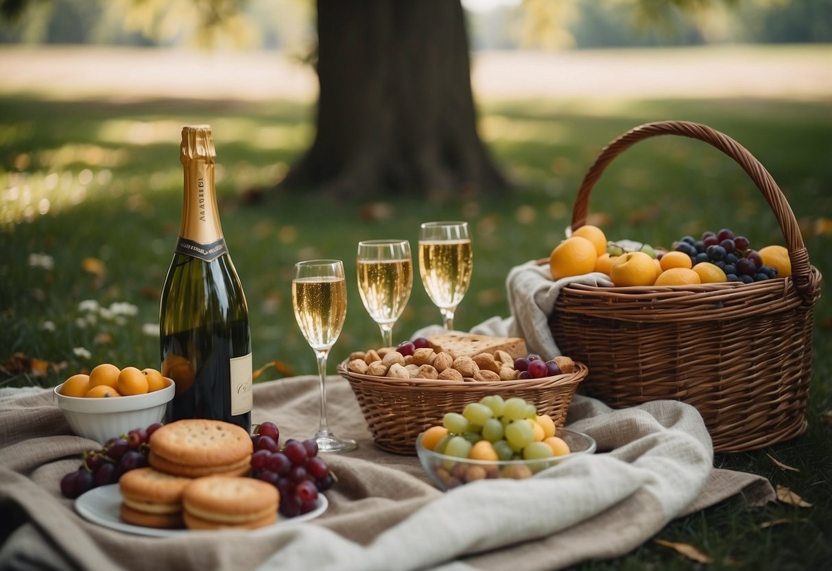 A cozy picnic blanket spread out under a leafy tree, with a wicker basket filled with delicious treats and a bottle of champagne chilling in a bucket