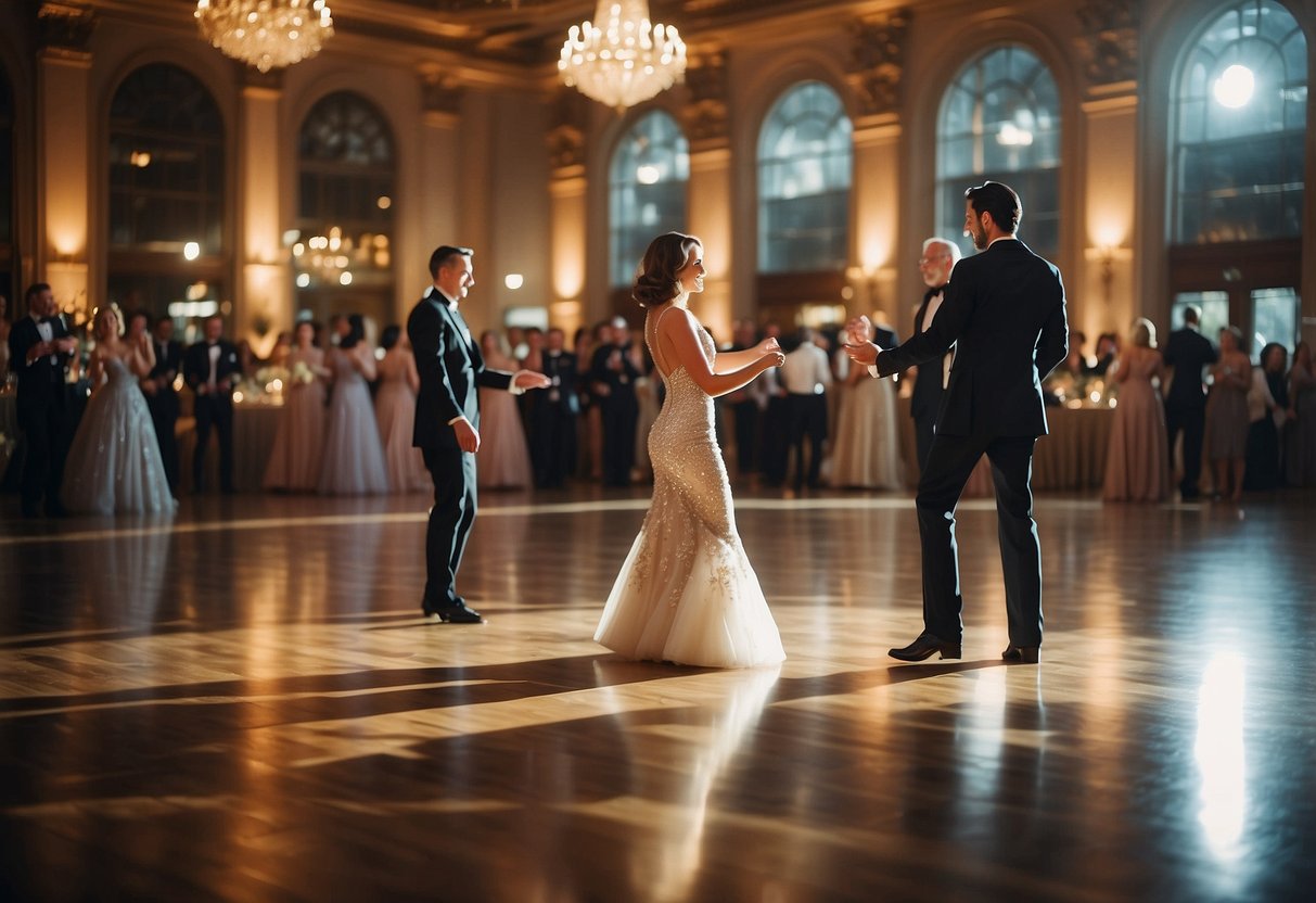 An elegant dance floor in a grand ballroom, adorned with twinkling lights and surrounded by joyful guests of all ages