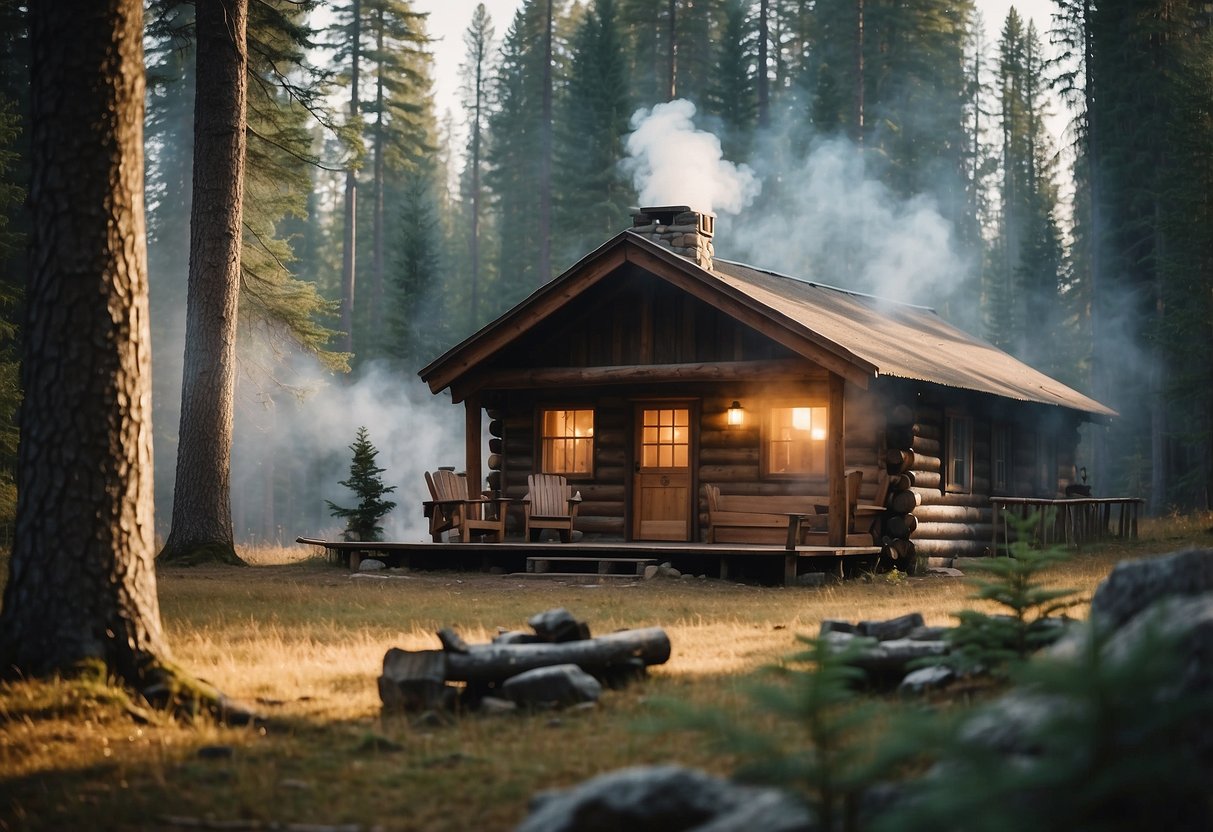 A rustic cabin nestled in a forest clearing, smoke curling from the chimney. A bubbling hot tub on the deck, surrounded by towering pine trees. A couple's initials carved into the trunk of a nearby tree