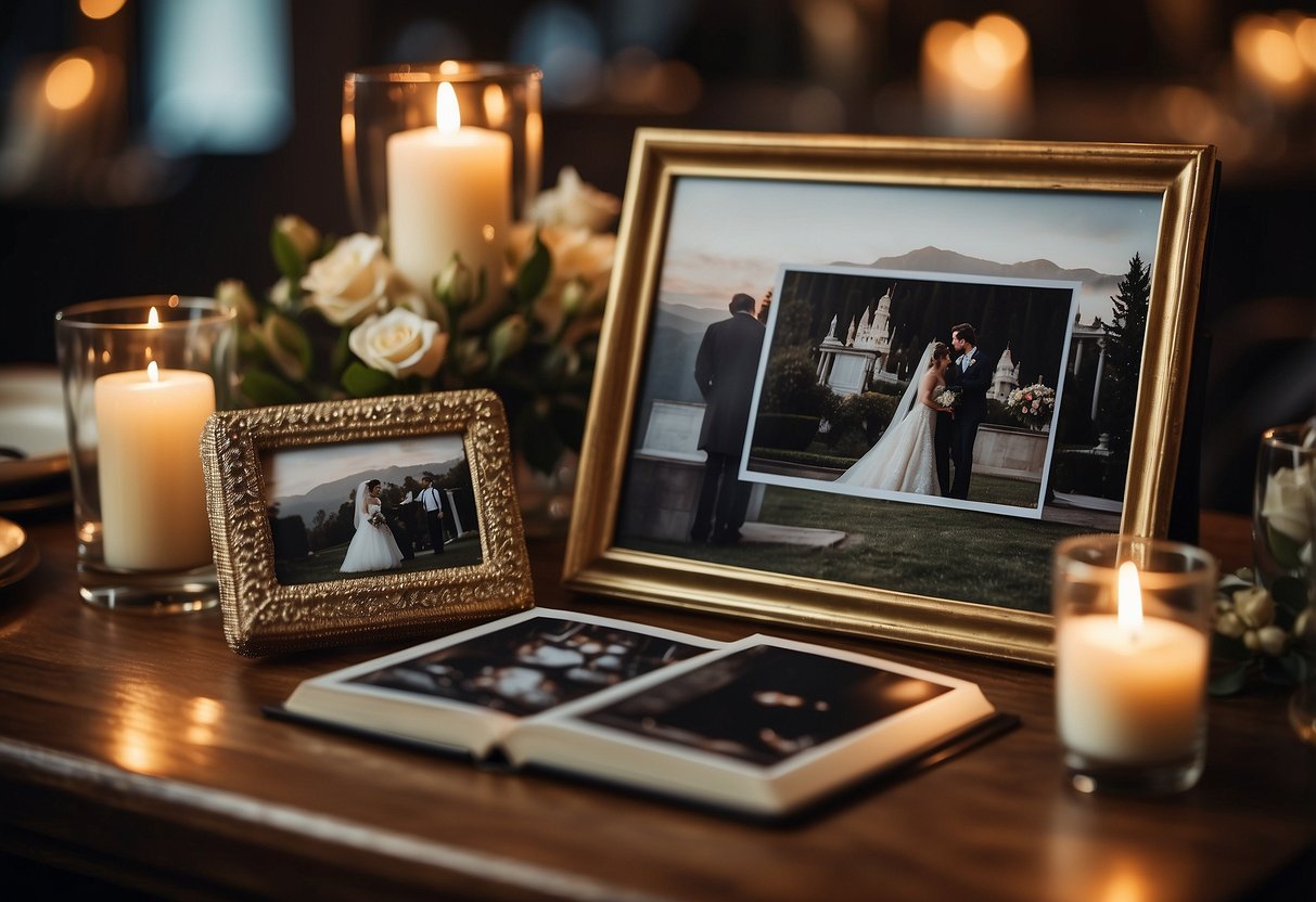 A table set with vintage photo albums, a slideshow screen displaying wedding photos, and a cozy atmosphere with soft lighting and nostalgic decor