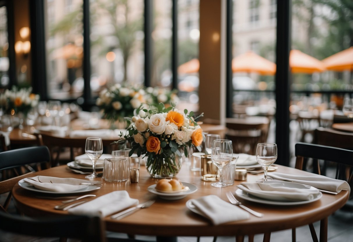 A stylish café with elegant table settings, floral centerpieces, and a charming outdoor patio for a chic post-courthouse wedding brunch