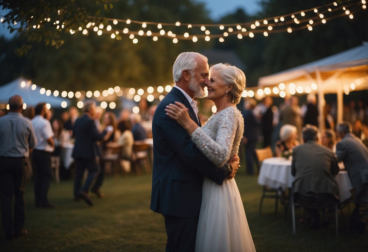 A cozy outdoor wedding with older couple dancing to live acoustic music under twinkling lights