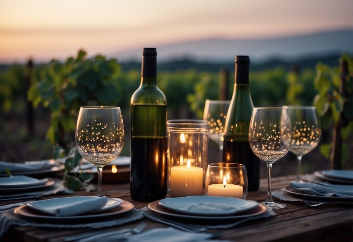 A candlelit table set with wine glasses, surrounded by lush grapevines under a starry sky