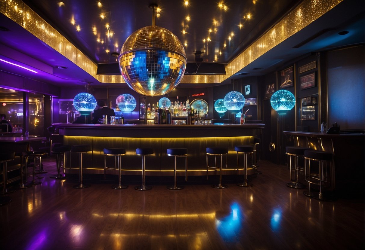 A glittering disco ball hangs from the ceiling, casting shimmering lights across the dance floor. Vinyl records adorn the walls, and a jukebox plays classic hits. Couples in retro attire groove to the music, while others sip cocktails at the bar