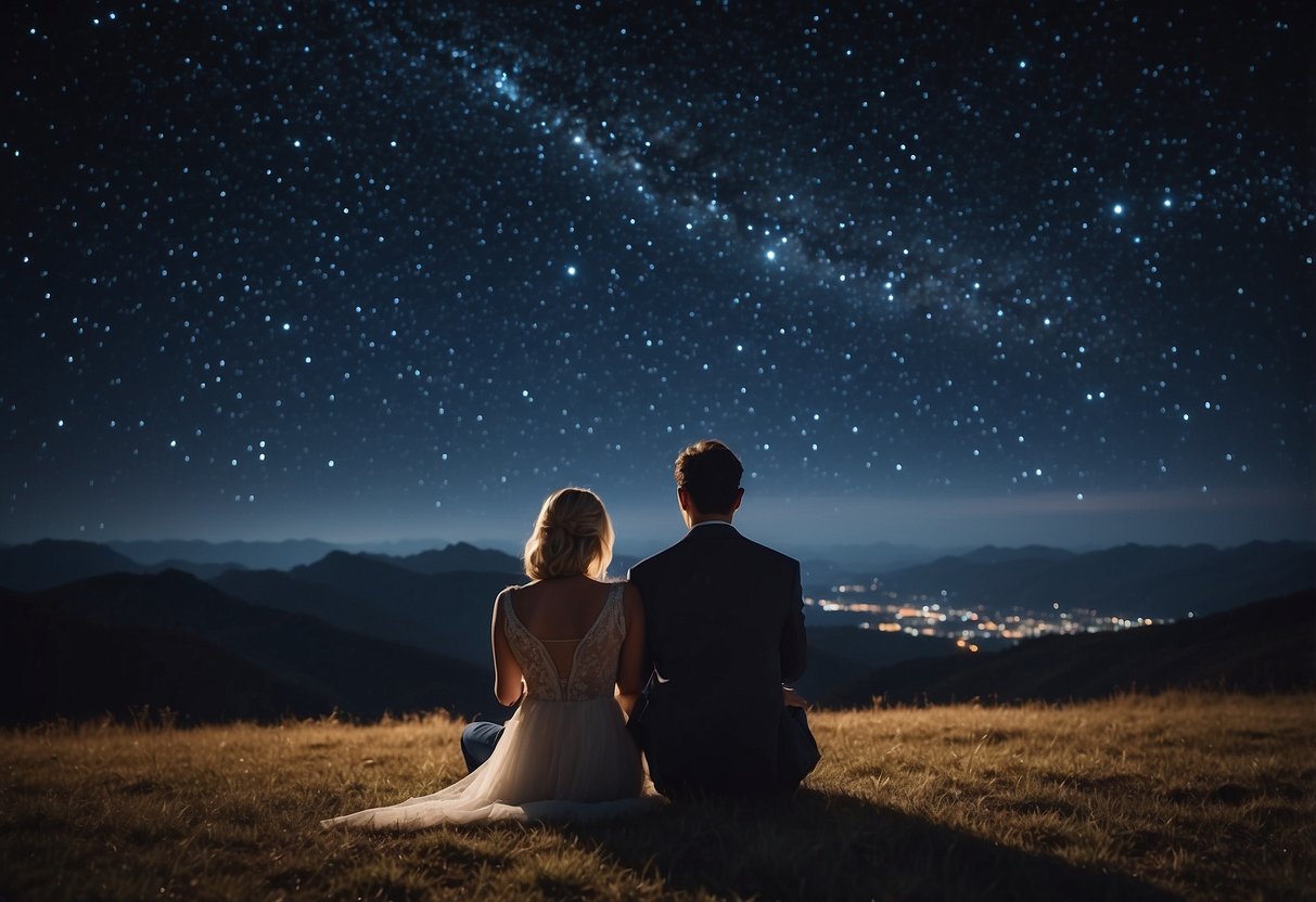 A couple sits under a starry sky, gazing at a personalized star map. The map highlights the night sky on their 25th wedding anniversary