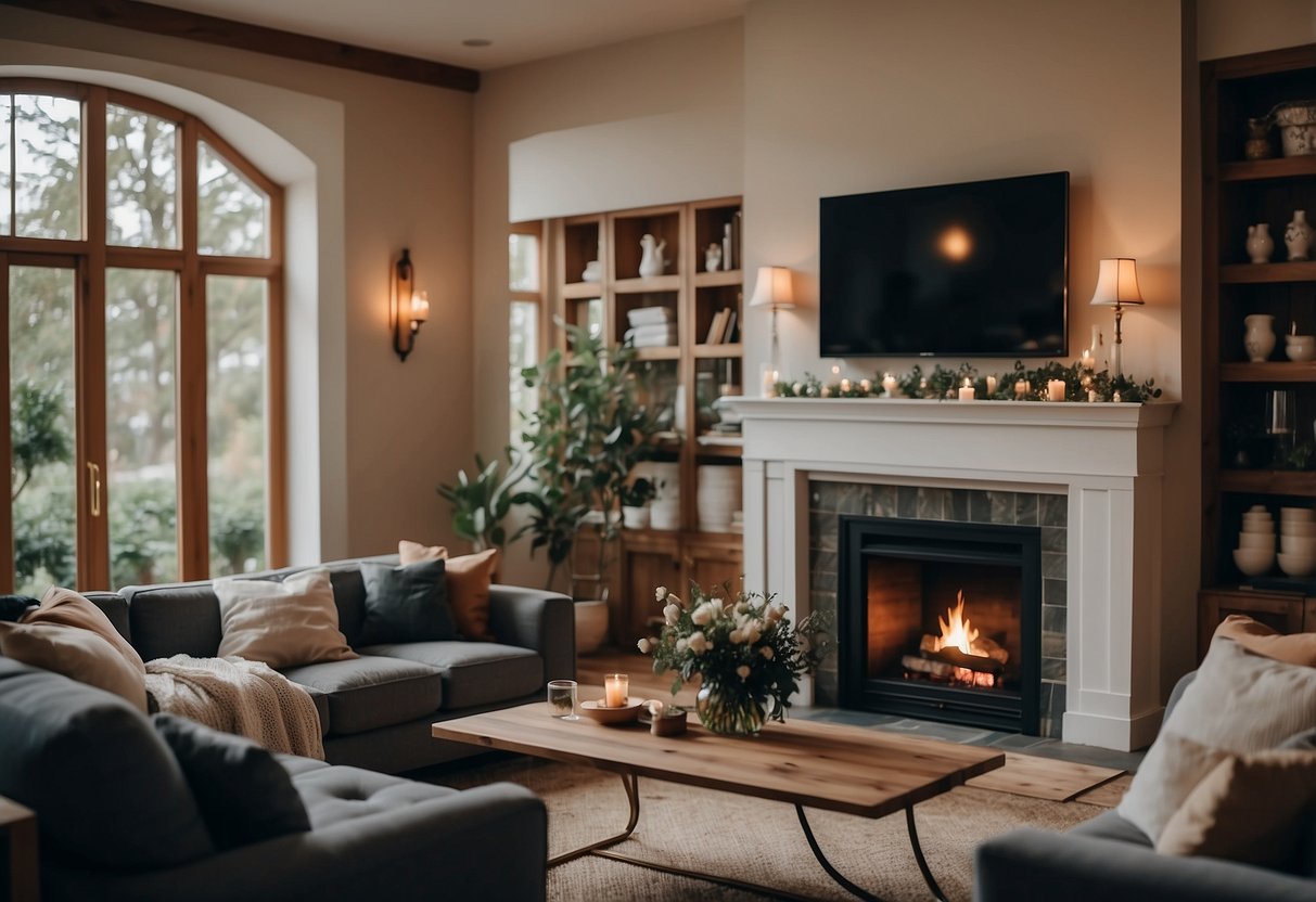 A cozy, intimate venue with elegant decor and soft lighting. A fireplace adds warmth, while large windows offer views of a beautiful garden