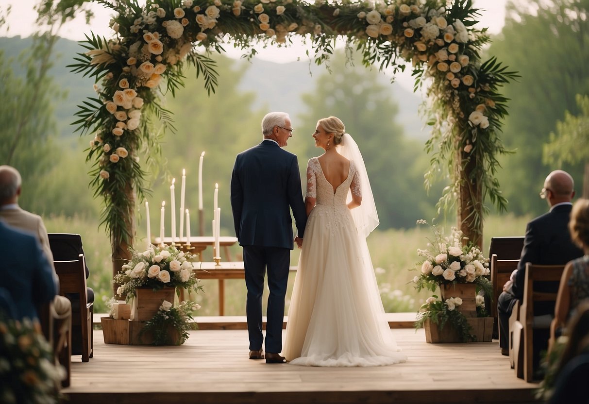 An older couple stands at the altar, surrounded by personalized decor and meaningful touches. A custom ceremony script and unique vows reflect their love story