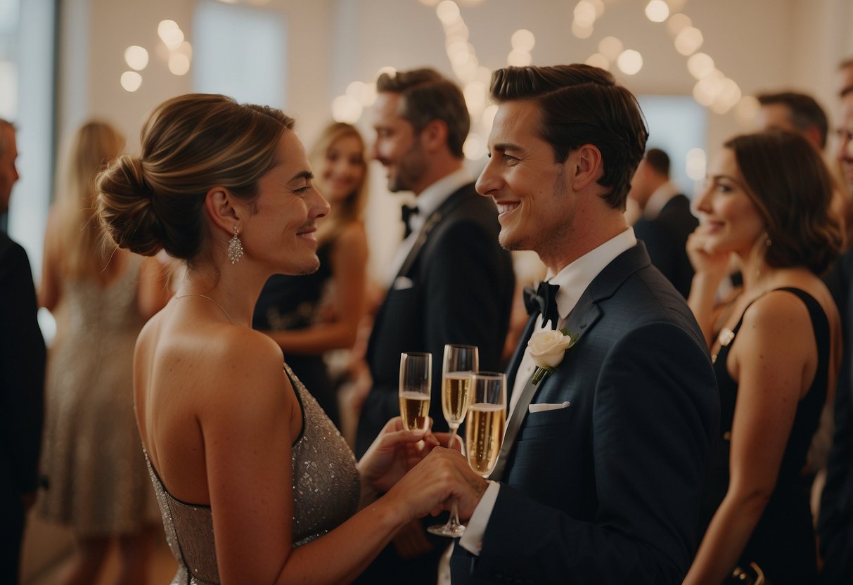 Guests mingle in a chic art gallery, sipping champagne and admiring the eclectic artwork. Soft jazz music fills the air as the newlyweds bask in the warm glow of the intimate soirée