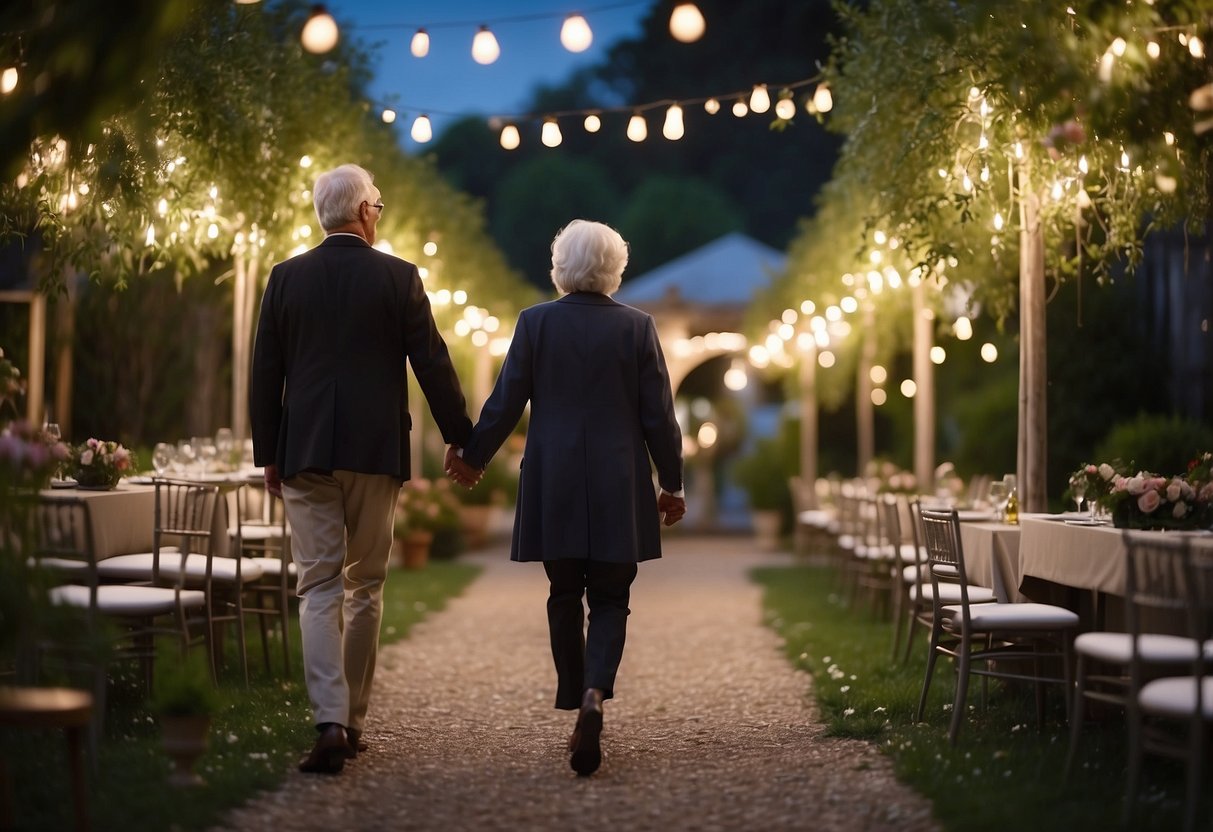 An older couple walks hand in hand through a garden, surrounded by blooming flowers and twinkling lights. A table is set with elegant place settings for a romantic dinner under a canopy of stars