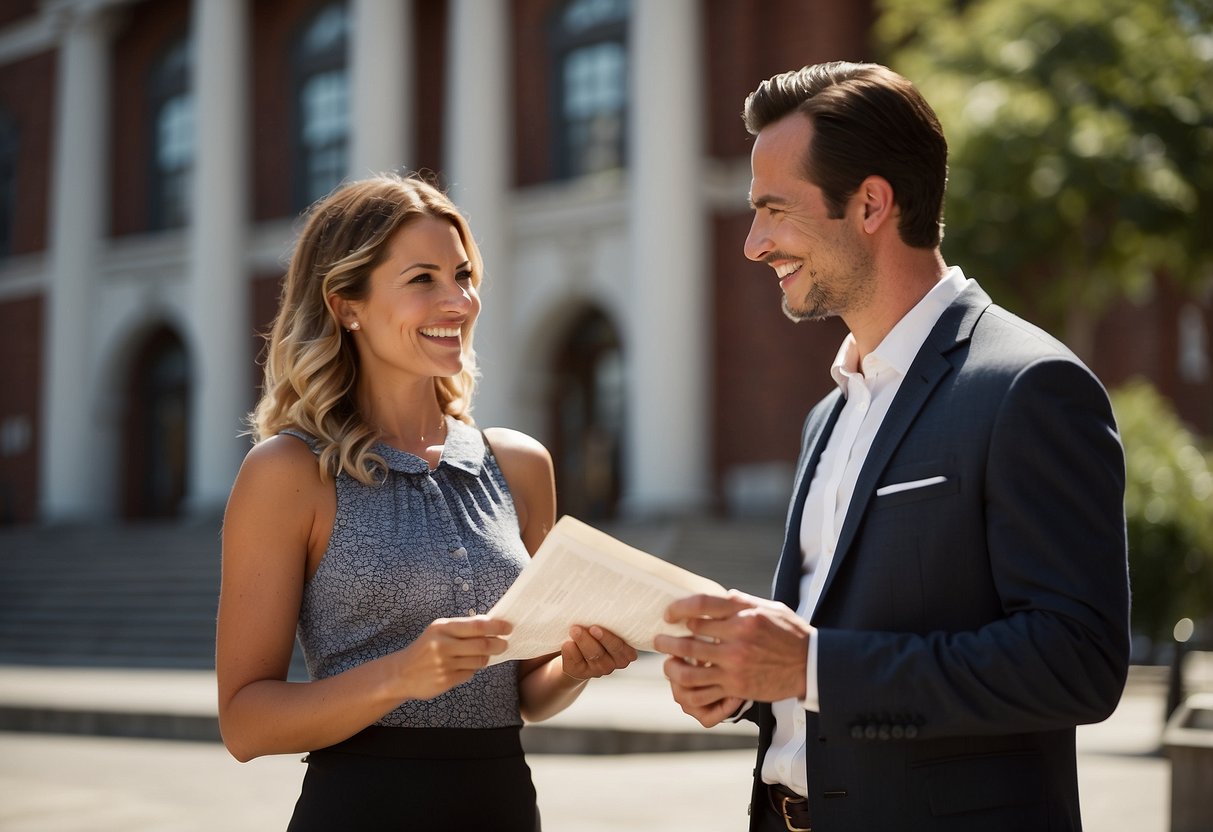 A couple stands in front of a quaint courthouse, discussing reception ideas. They look at a list of potential venues, pointing and smiling