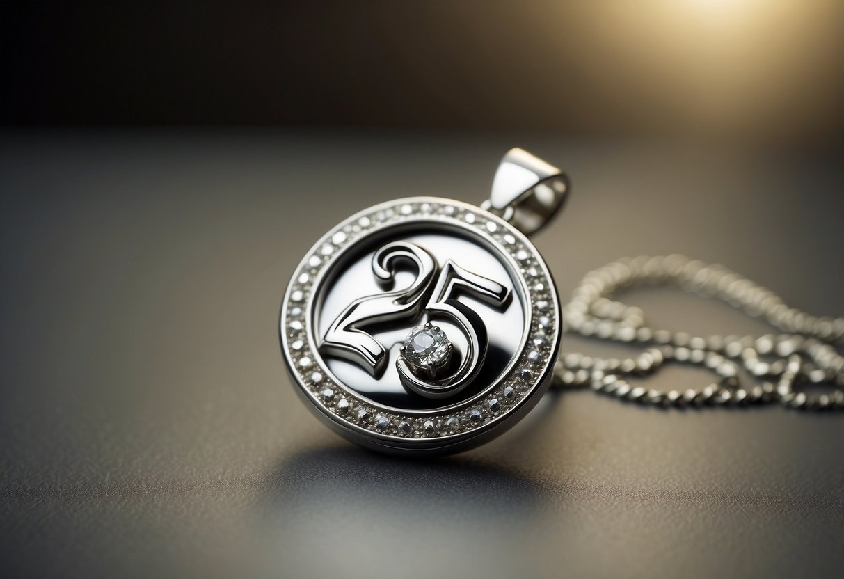 An elegant silver pendant with "25" engraved, surrounded by delicate filigree and sparkling gemstones