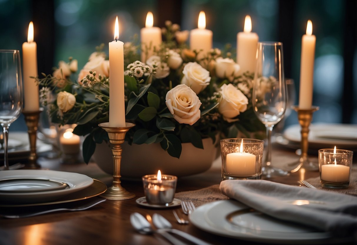 A simple, elegant table setting with candles and fresh flowers. Soft, ambient lighting and cozy seating for intimate celebration