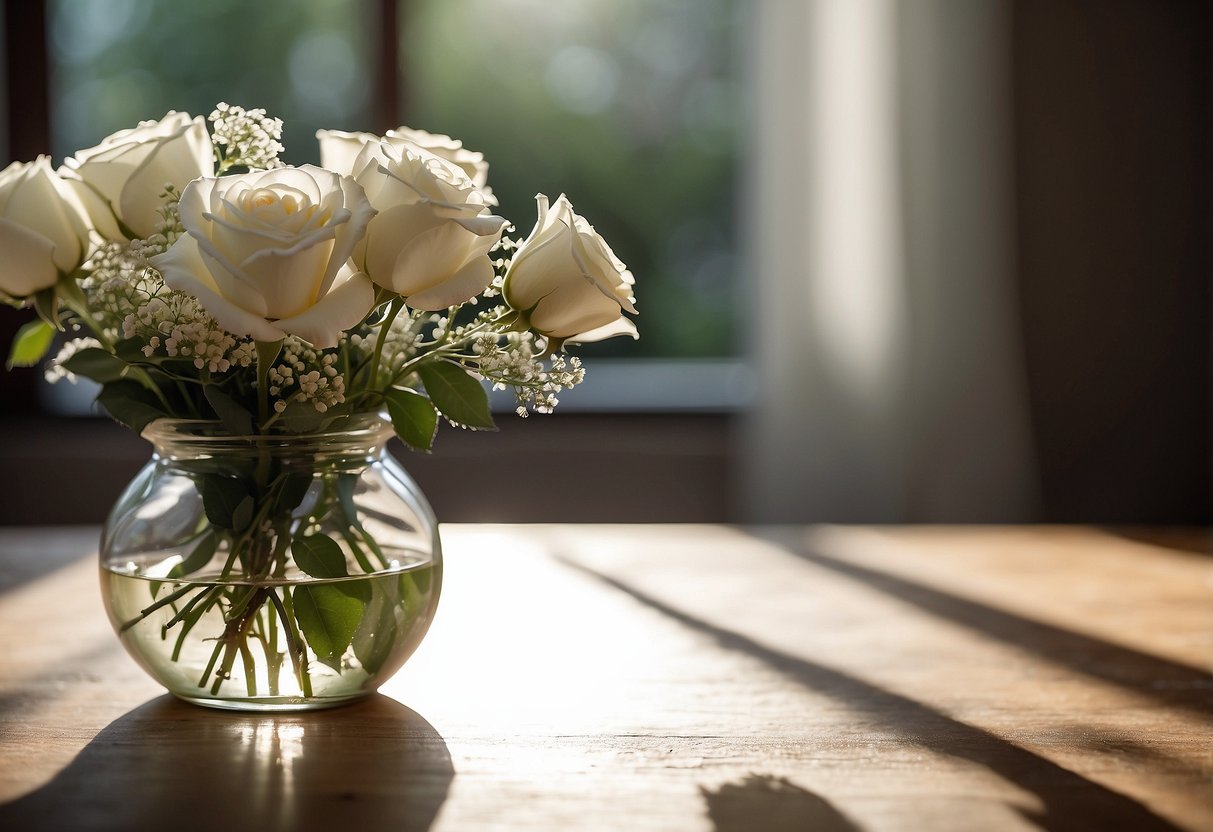 A small vase holds a delicate arrangement of white roses, baby's breath, and eucalyptus leaves. Sunlight streams in, casting soft shadows on the petals